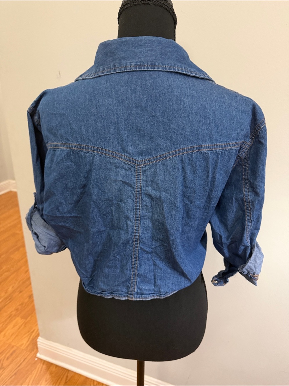 Cropped Denim Tie-Front Button-Down Shirt - Blue - Picture 3 of 3